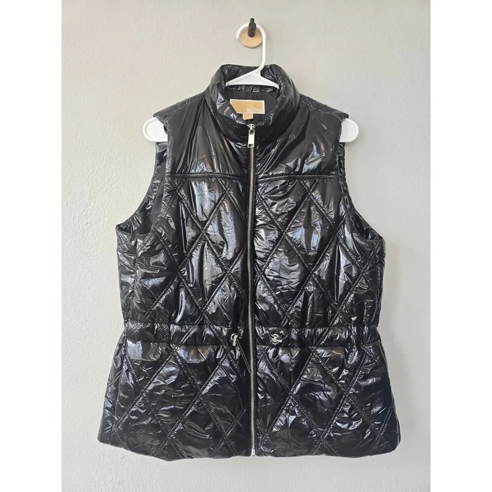 MICHAEL Michael Kors Women's L Black Glossy Quilted Puffer Vest Cinch Waist NWT